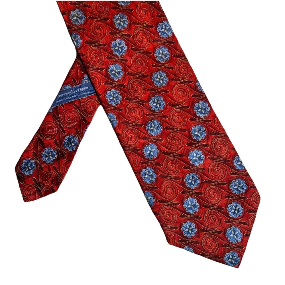 Ermenegildo Zenga 100%‎ Silk Tie Red & Blue Swirls Made in Italy EUC